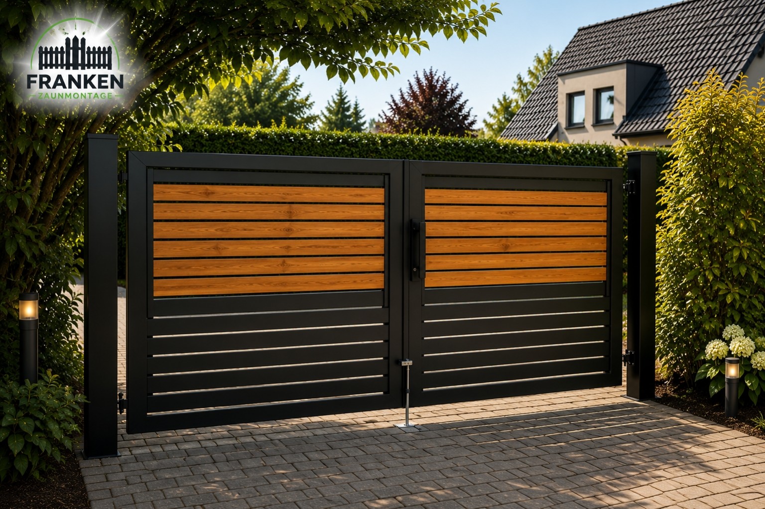 Design-Toranlage in Anthrazit mit Holzoptik